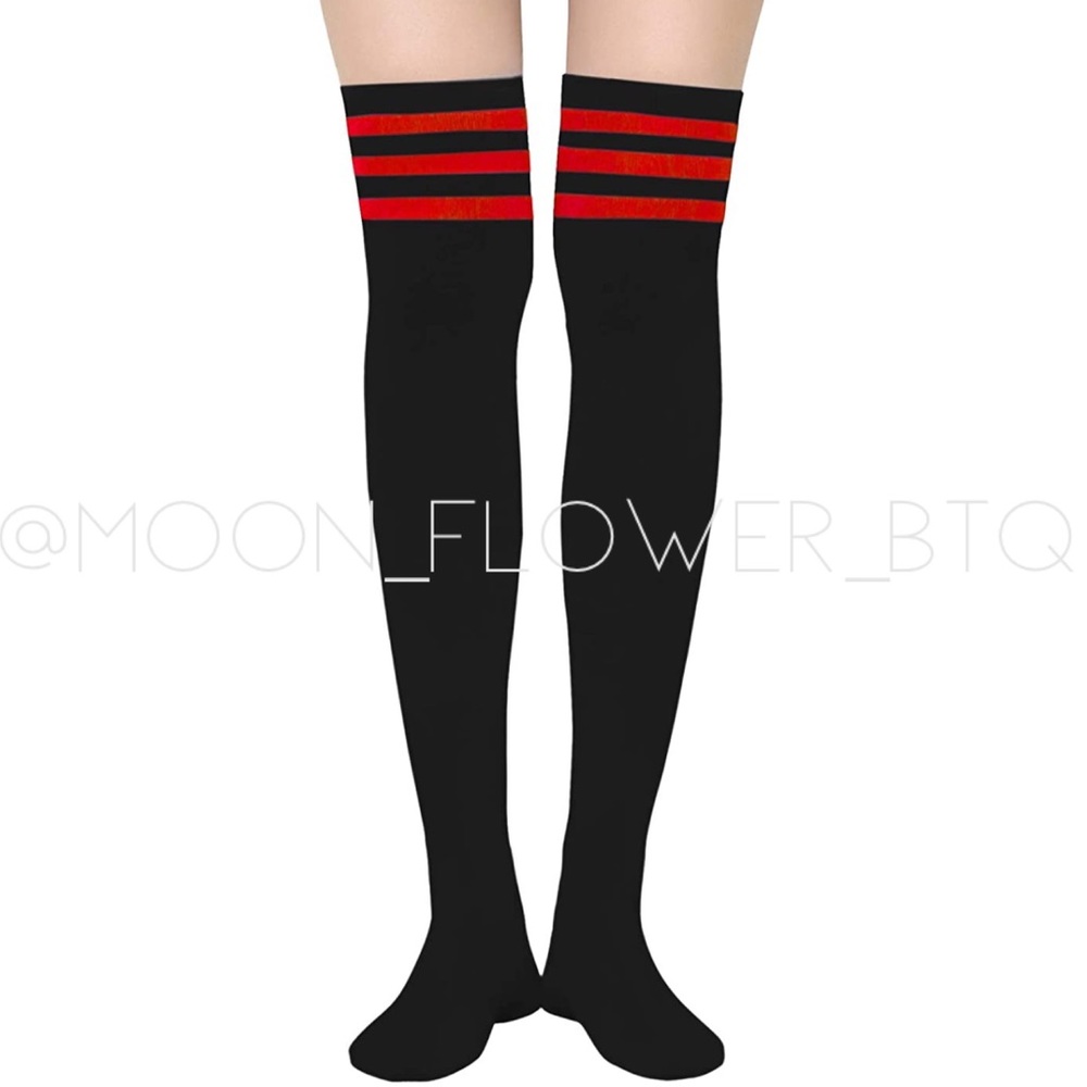 ❤️SOLD❤️Black Red Stripe Over the Knee Thigh High Socks - Picture 3 of 7